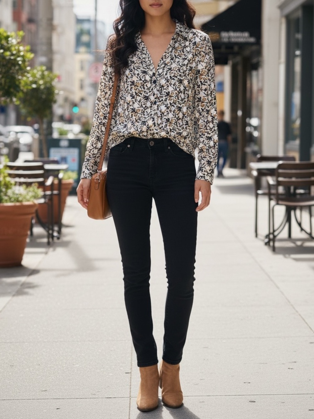 Adrianna Papell White Floral Long-Sleeve Blouse with Black & Gold Accents